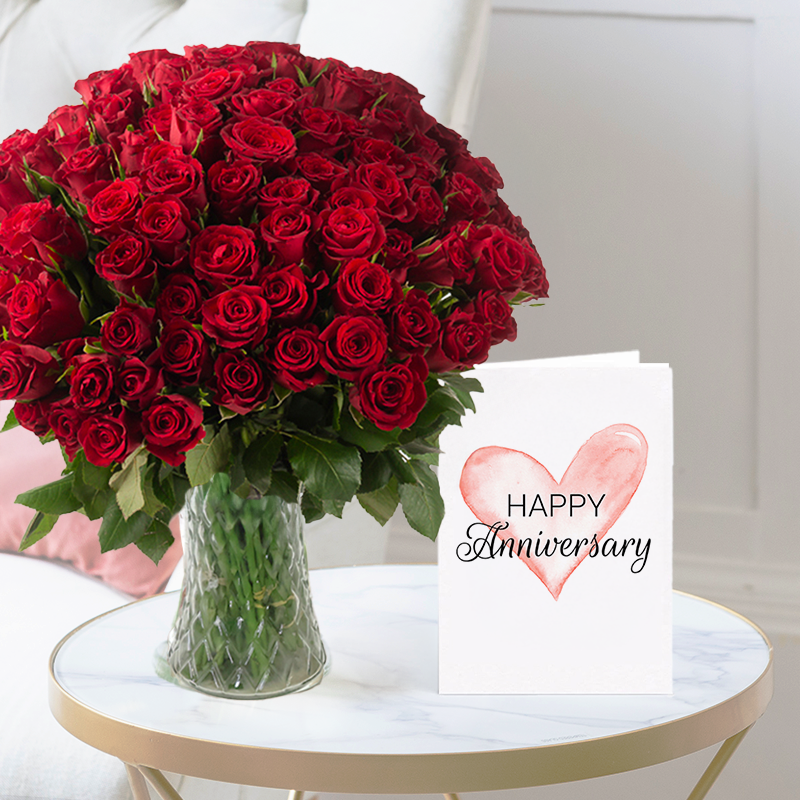 100 Red Roses | Anniversary Card | Anniversary Flowers & Gifts | Flowers Delivery - Blossoming Gifts