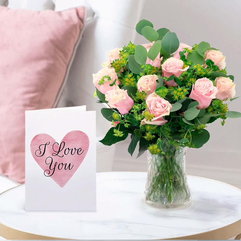 12 Blush Pink Roses & Romance Card | Pink Rose Bouquet | Flower Delivery UK - Blossoming Gifts
