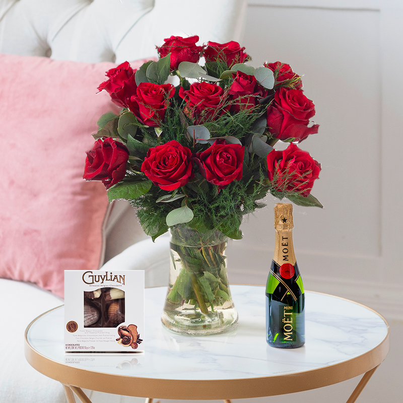 12 Luxury Red Roses, Mini Moët Champagne & Chocolates (65g) | Flowers & Chocolates | Flowers & Champagne | Next Day Delivery - Blossoming Gifts