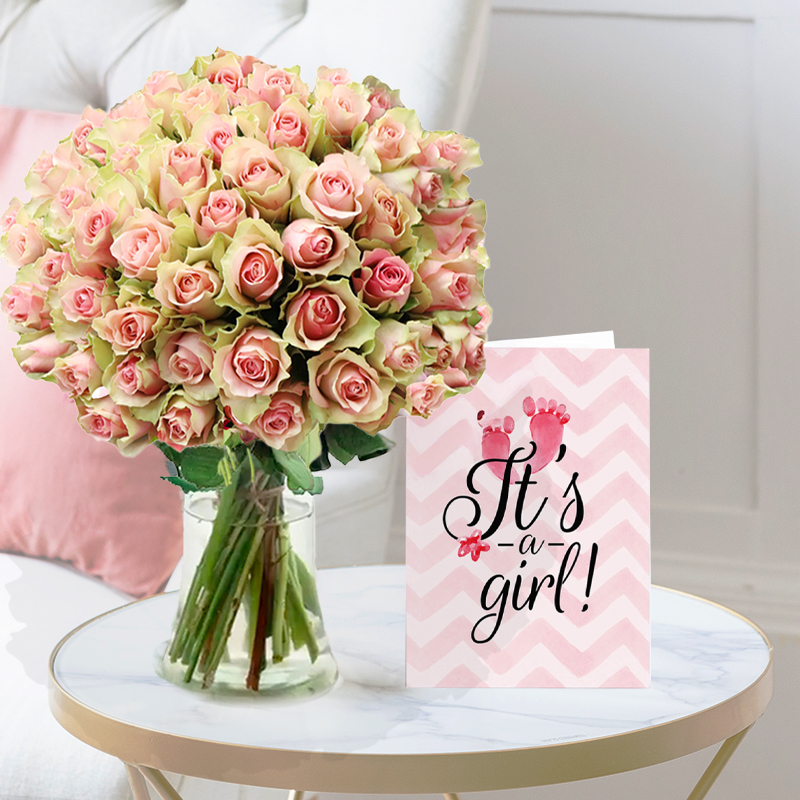 50 Pink Roses | It's a Girl Card | Blossoming Gifts