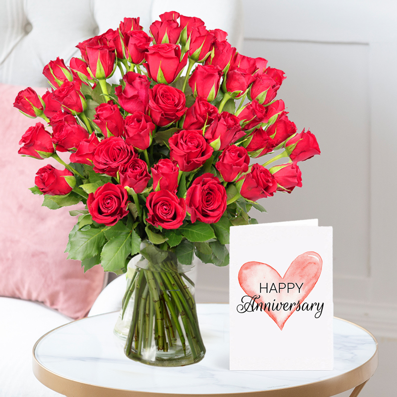 Anniversary Flower Bouquet Gift Set - 50 Sweetheart Red Roses & Anniversary Card - Roses - Next Day Flower & Gift Delivery UK - Blossoming Gifts