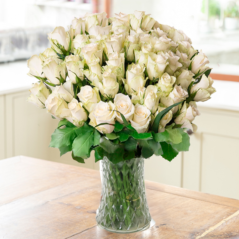 50 White Roses | Roses Bouquet | Fresh White Roses | Hand-Tied Flowers | Next Day Flower Delivery UK | Blossoming Gifts