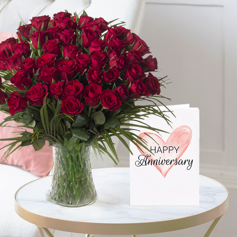 50 Red Roses | Anniversary Card | Anniversary Gift Delivery | Blossoming Gifts
