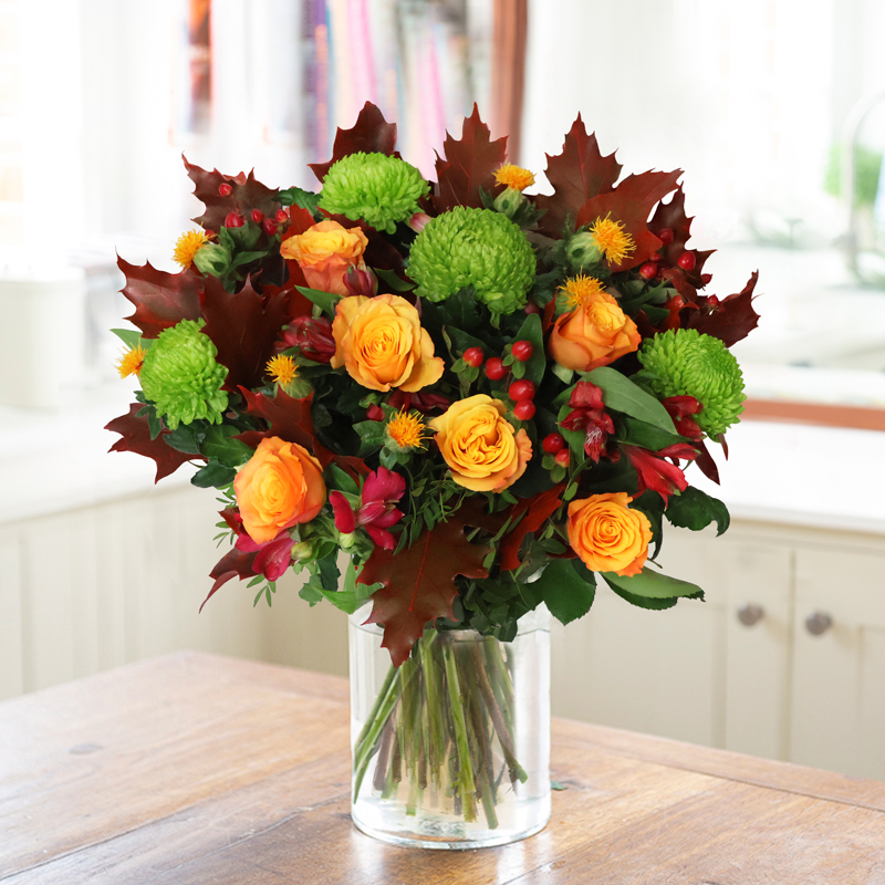 Autumn Punch | Orange Roses, Red Alstroemeria & Green Chrysanthemums | Autumn Flowers | Flower Delivery UK - Blossoming Gifts