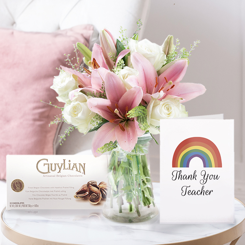 Lily & Rose Bouquet with Chocolates | Romantic Gift | Next Day Flowers Delivery - Blossoming Gifts