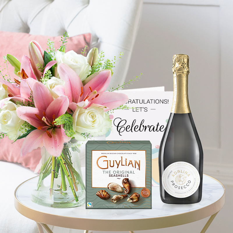 Lily & Rose, Guylian Chocolates, Adalina Rosé Prosecco & Congratulations Card |Celebrate With A Bouquet | Next Day Flower Delivery UK - Blossoming