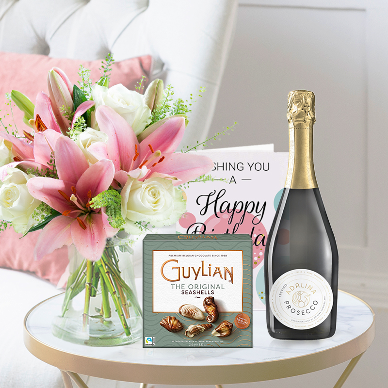 Lily & Rose, Guylian Chocolates, Adalina Rosé Prosecco & Happy Birthday Card | Birthday Flower | Next Day Flower Delivery UK - Blossoming Gifts