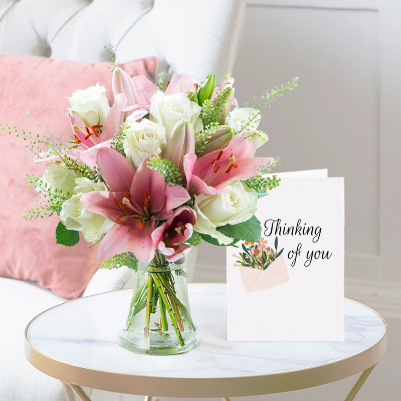 Pink Lilies | Vase & Thinking of You Card | Next Day Flower Delivery UK - Blossoming Gifts