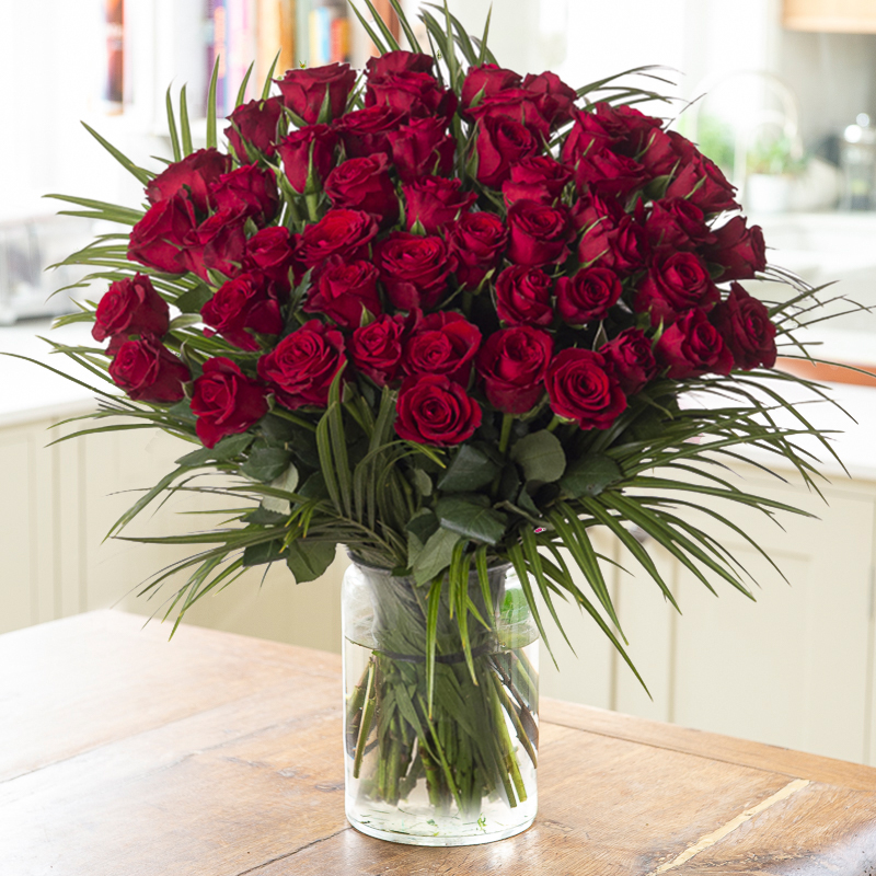 50 Luxury Red Roses | 50 Red Furiosa Roses | Romantic Flower Bouquet | Anniversary Flowers | Flower Delivery UK - Blossoming Gifts