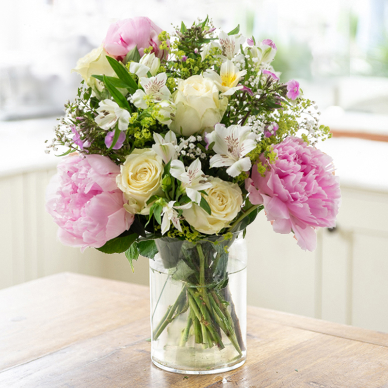 Peony Clouds, White Roses & Baby's Breath | Summer Flowers | Pink & White Flowers | Peony Bouquet | Next Day Flower Delivery UK - Blossoming Gifts
