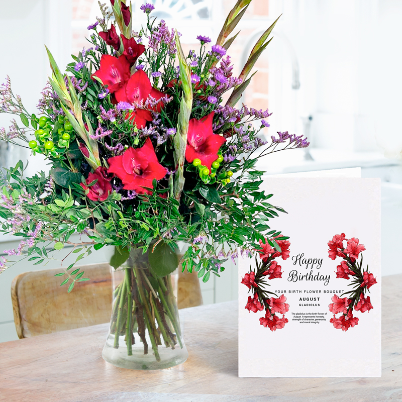 Birthday Flower Bouquet Gift Set - August Birth Bouquet Gift Set - Green & Purple Gladiolus - Next Day Flower & Gift Delivery UK - Blossoming Gifts