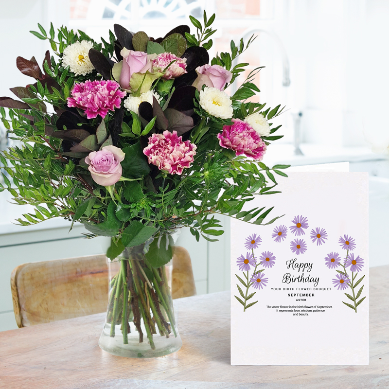 Birthday Flower Bouquet Gift Set - September Birthday Bouquet Gift Set - Cream & Lilac Aster & Carnations - Next Day Flower & Gift Delivery UK -