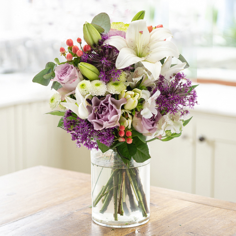Country Cottage Bouquet | Lilac Roses, White Lilies & Purple Alliums | Summer Flowers | White & Purple Flowers | Flower Delivery UK - Blossoming Gifts