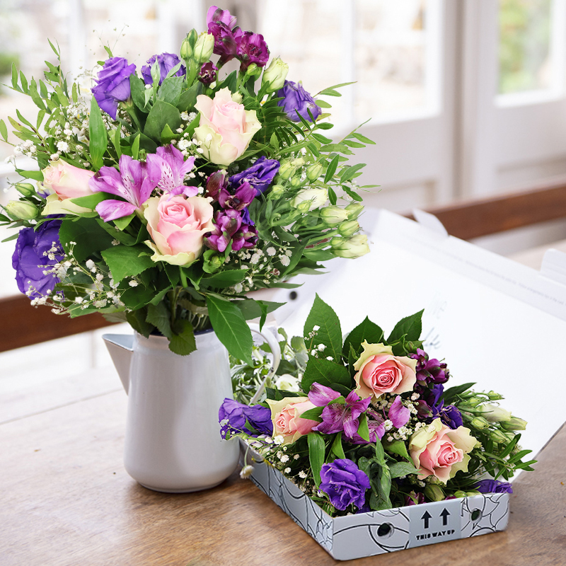 Pink & Purple Letterbox Flowers | Letterbox Elegance | Pink Roses, Purple Alstroemeria & Baby's Breath | Next Day Flower Delivery - Blossoming Gifts