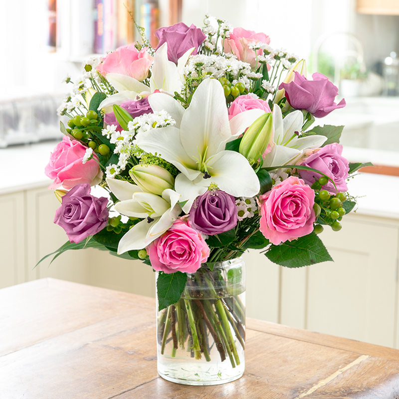 Lilac Lace | Pink & Lilac Roses with White Lilies | Pink, White & Purple Flower Bouquet | Flower Delivery UK - Blossoming Gifts