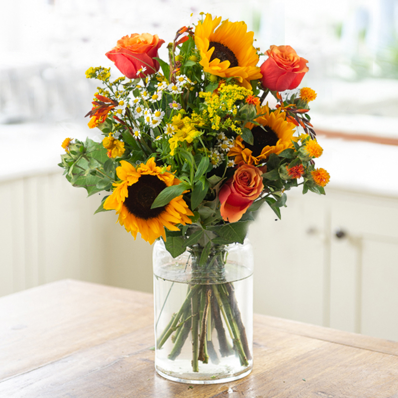Summer Medley | Orange Roses with Sunflowers & Carthamus | Colourful Summer Bouquet | Flower Delivery UK - Blossoming Gifts