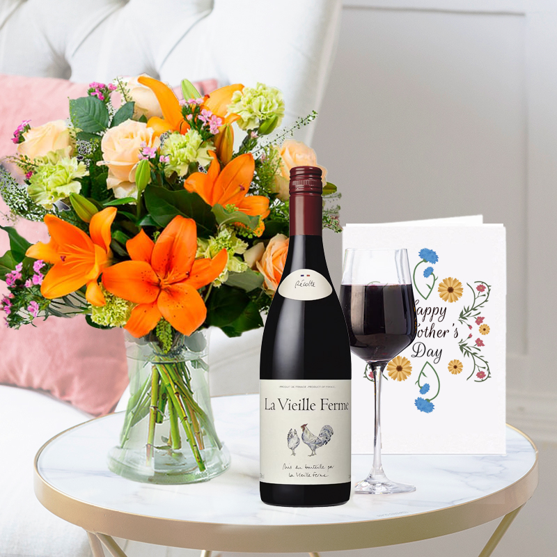 Coral Charm Bouquet, La Vielle Ferme Red Wine & Mother's Day Card | Mother's Day Flower Delivery UK - Blossoming Gifts
