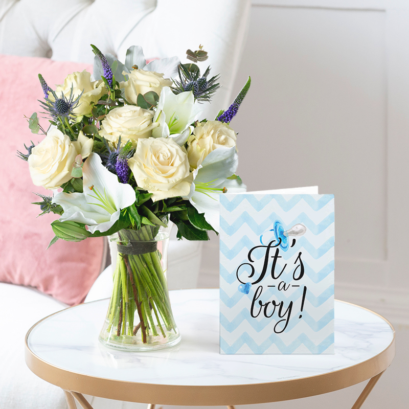New Baby Flower Bouquet Gift Set - Sky & New Baby Boy Card - White & Blue Roses & Lilies - Next Day Flower & Gift Delivery UK - Blossoming Gifts
