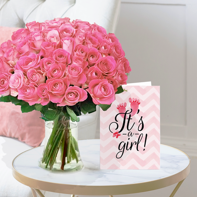New Baby Flower Bouquet Gift Set - 50 Pink Roses & Baby Girl Card - Roses - Next Day Flower & Gift Delivery UK - Blossoming Gifts