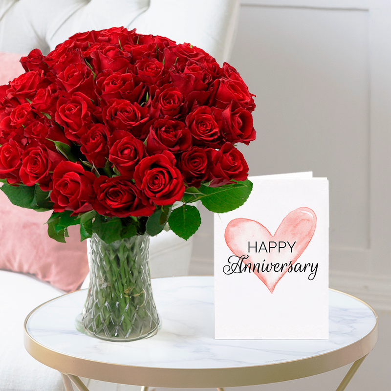 50 Red Roses | Anniversary Card | Anniversary Gift Delivery | Blossoming Gifts