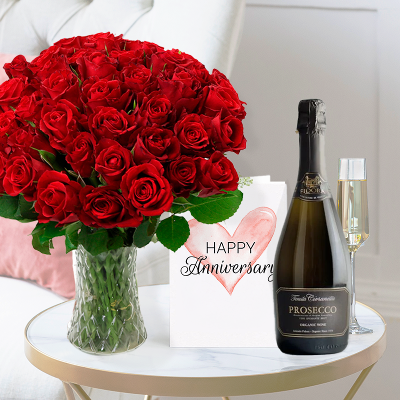 50 Red Roses | Fidora Prosecco (75cl) & Anniversary Card | Anniversary Gift Delivery | Blossoming Gifts