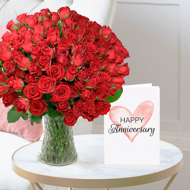 100 Red Roses | Anniversary Card | Anniversary Flowers & Gifts | Flowers Delivery - Blossoming Gifts