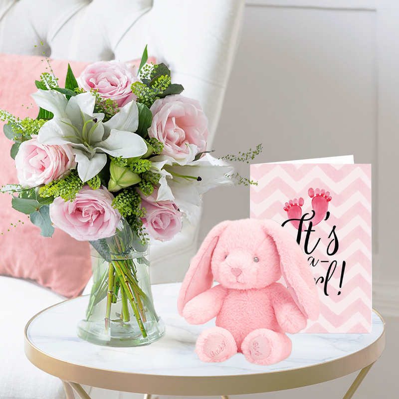 Blush Pink Rose & Lily | Pink Bunny & It's a Girl Card | Next Day Flower Delivery UK - Blossoming Gifts