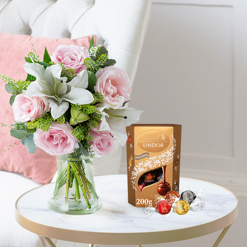 Pink Roses & White Lilies | Lindor Truffles & Flowers | Next Day Flowers & Gifts Delivery Blossoming Gifts