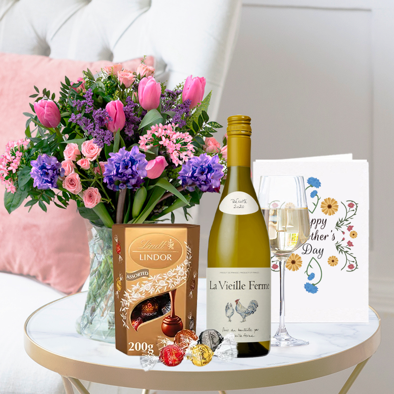 Shades of Spring, La Vielle Ferme White Wine, Lindor Mixed Truffles & Mother's Day Card | Mother's Day Flower Delivery UK - Blossoming Gifts