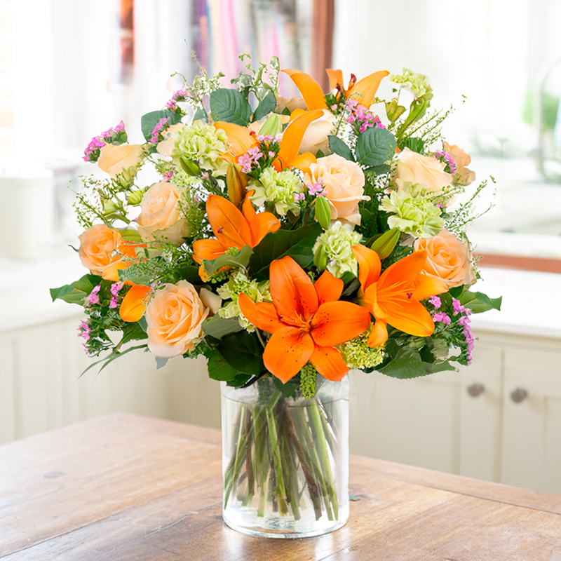 Peach Roses, Orange Lilies & Pink Sweet Williams | Peach Bliss Bouquet | Orange Flowers | Next Day Flower Delivery UK - Appleyard London