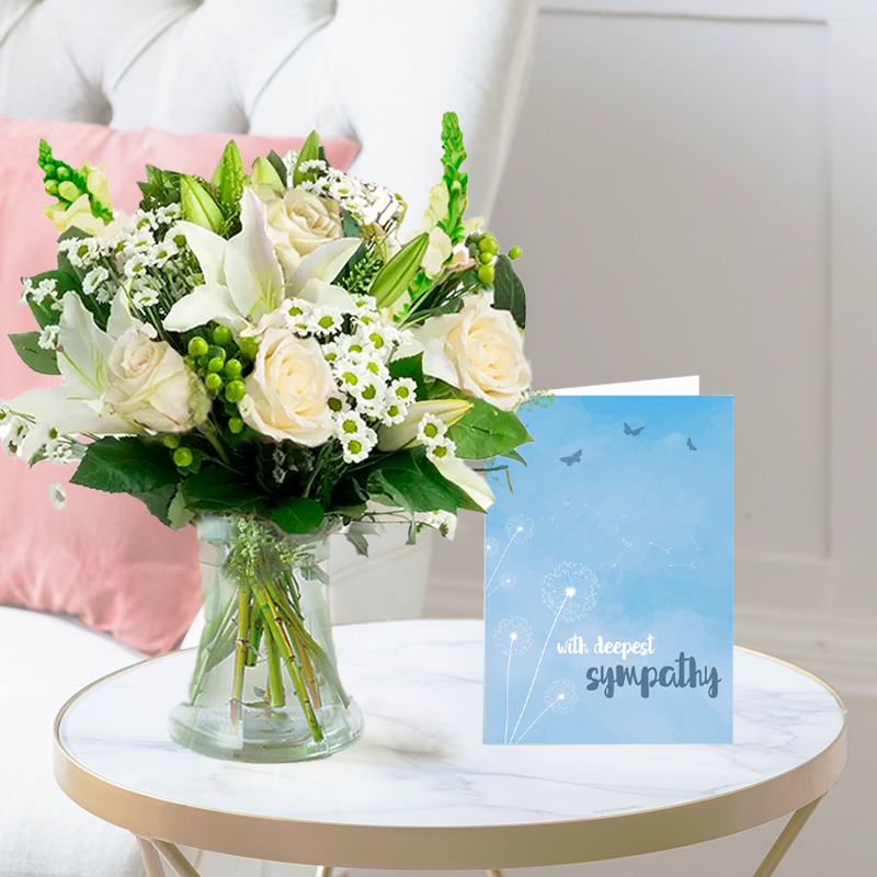 Simply White Rose & Lily, Vase| Sympathy Card | Next Day Flowers Delivery - Blossoming Gifts