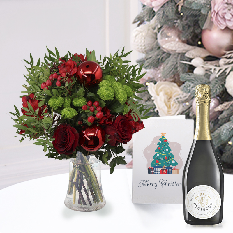 Christmas Festive Flower Bouquet Gift Set - Berry Blush, Prosecco, Vase & Card - Green & Red Carnations & Lilies - Christmas Flower & Gift Delivery UK