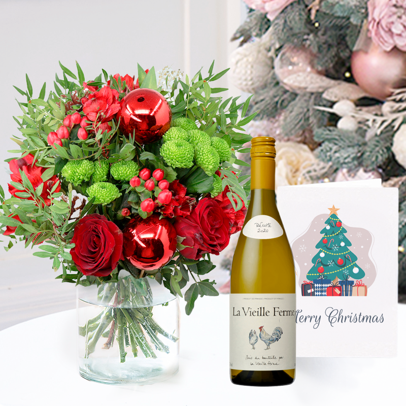 Christmas Festive Flower Bouquet Gift Set - Berry Blush, Rosé Chicken Wine & Card - Green & Red Carnations & Lilies - Christmas Flower & Gift Delivery