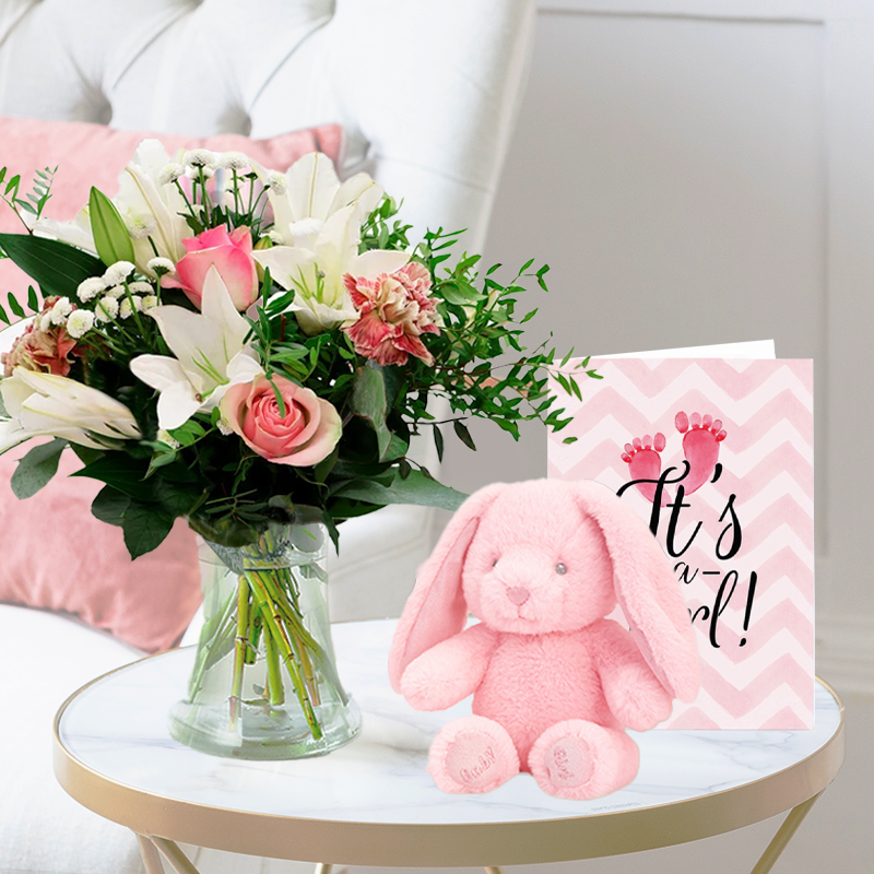 New Baby Flower Bouquet Gift Set - Pink Purity, Pink Bunny & Baby Girl Card - Pink & White Lilies & Roses - Next Day Flower & Gift Delivery UK -