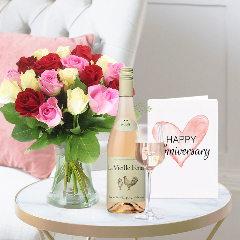 Rose Medley | La Vielle Ferme Rosé (75cl) & Anniversary Card | Anniversary Gift Delivery | Blossoming Gifts