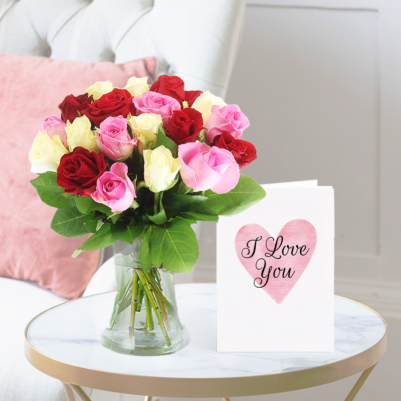 Rose Medley & Romance Card | Anniversary Gift Delivery | Blossoming Gifts
