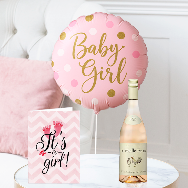 Baby Girl Balloon, La Vielle Ferme Rosé (75cl) & Baby Girl Card | Next Day Flowers Delivery - Blossoming Gifts