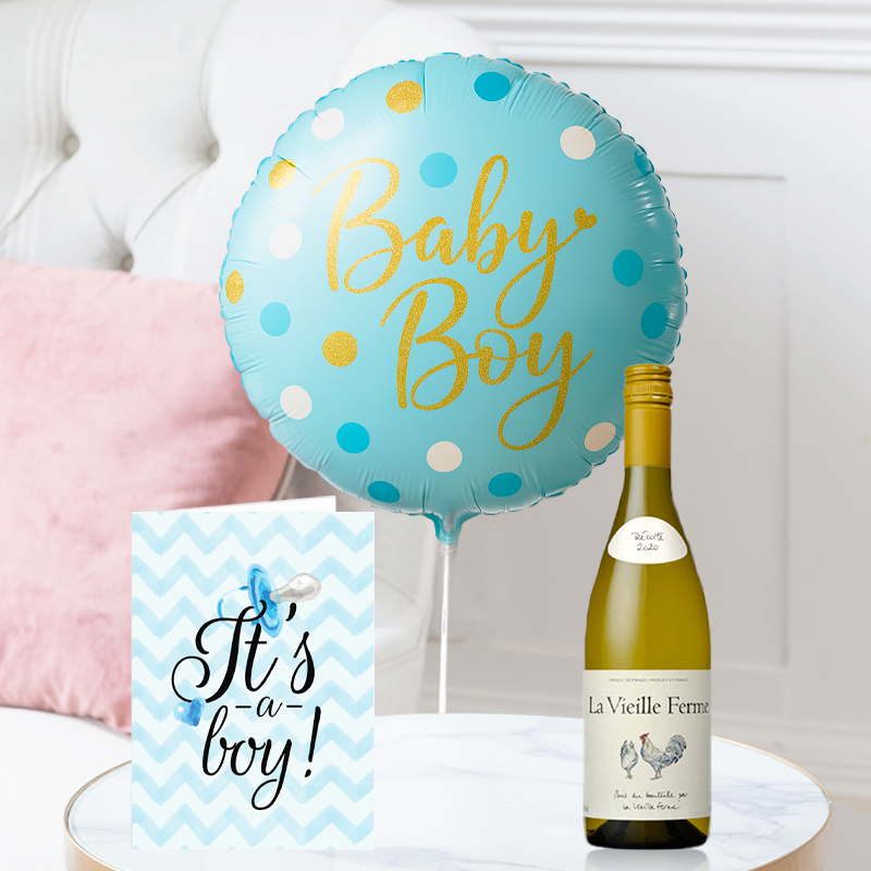 - Baby Boy Balloon, Rosé Chicken Wine & Baby Boy Card - Next Day Flower & Gift Delivery UK - Blossoming Gifts