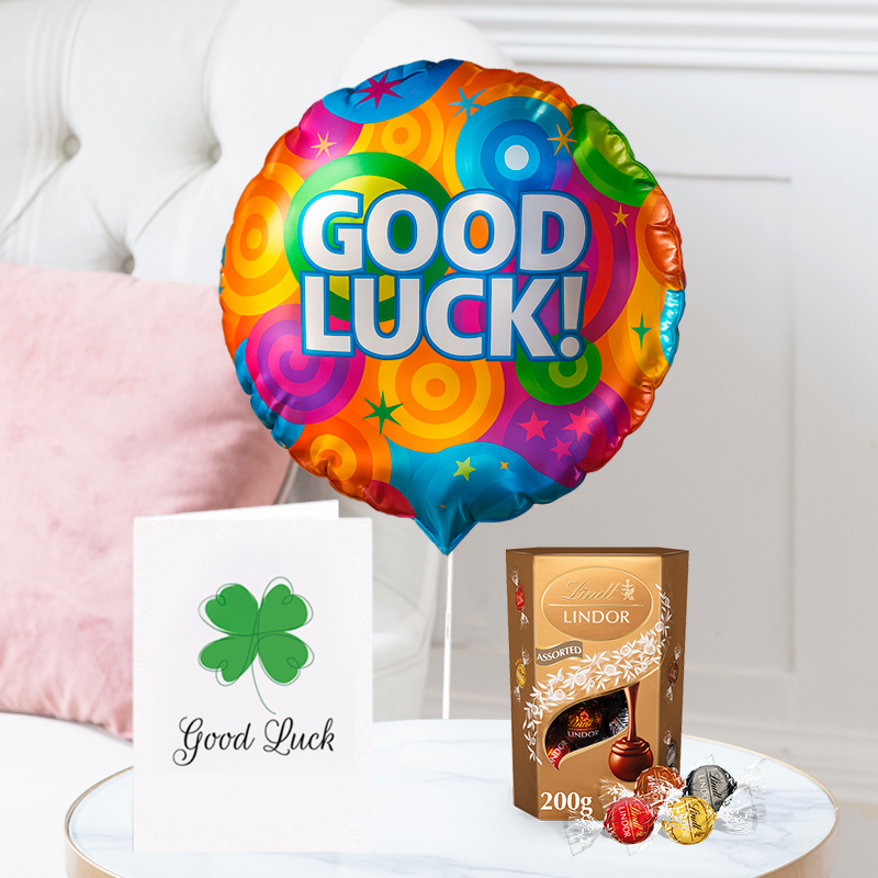 Good Luck Balloon, Lindor Assorted Truffles (200g) & Good Luck Card | Next Day Flowers Delivery - Blossoming Gifts