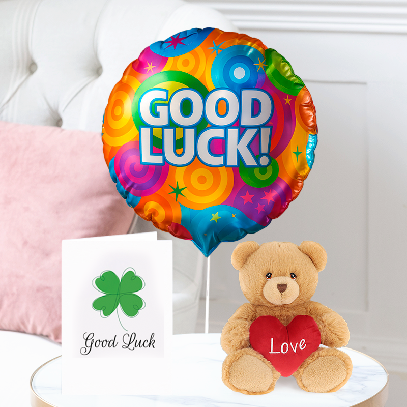 Flower Bouquet Gift Set - Good Luck Balloon, Harry Bear With Heart Brown & Good Luck Card - Next Day Flower & Gift Delivery UK - Blossoming Gifts