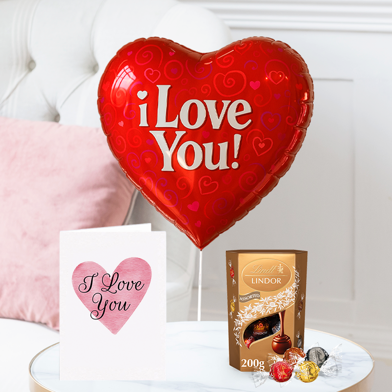 I Love You Balloon, Lindor Assorted Truffles (200g) & I Love You Card | Next Day Flowers Delivery - Blossoming Gifts