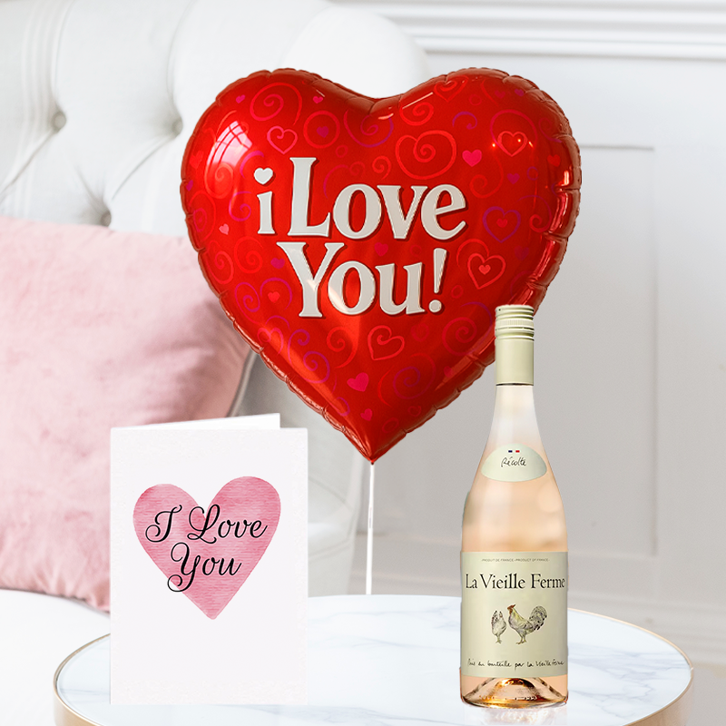 I Love You Balloon, La Vielle Ferme Rosé (75cl) & I Love You Card | Next Day Flowers Delivery - Blossoming Gifts