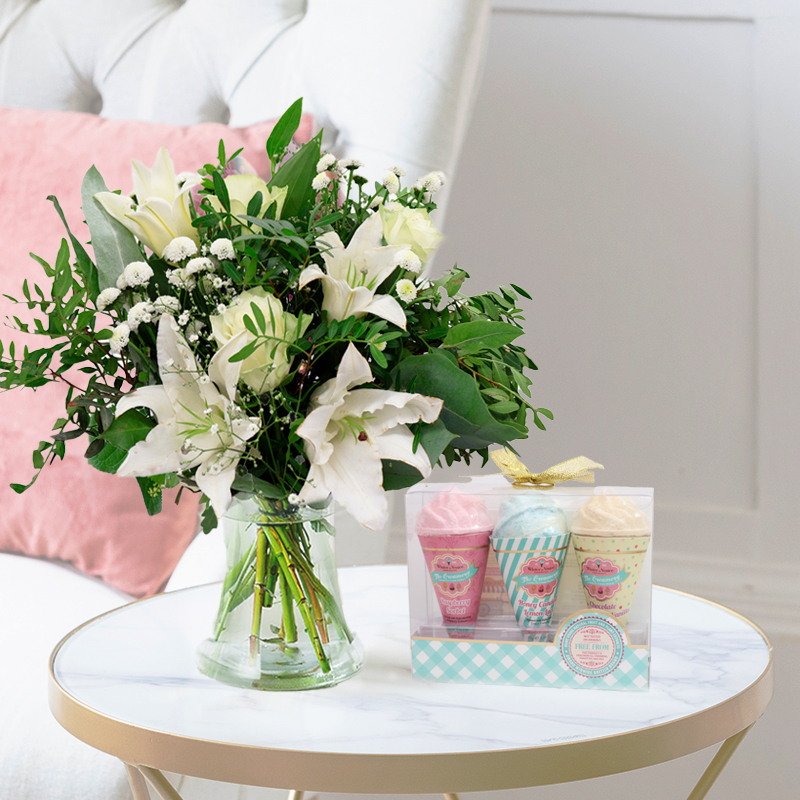 White Rose Bouquet | Bath Fizzer Set | Next Day Flower Delivery UK - Blossoming Gifts