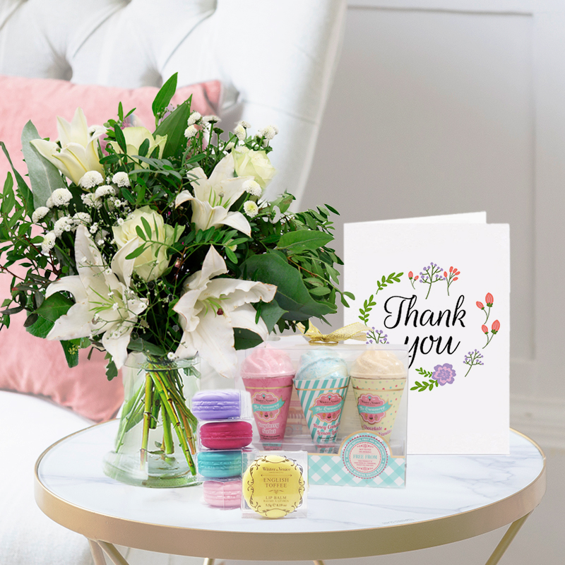 White Rose Bouquet | Bath Fizzer Set & Macaroon Lipbalm Set & Thank You Card | Say Thank You | Next Day Flower Delivery UK - Blossoming Gifts