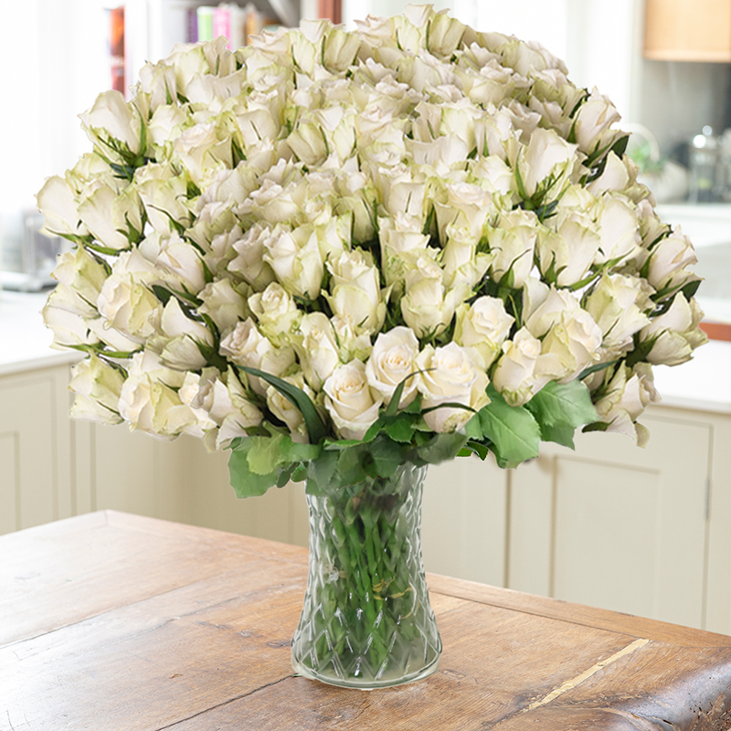 100 White Roses | Roses Bouquet | Fresh White Roses | Hand-Tied Flowers | Next Day Flower Delivery UK | Blossoming Gifts