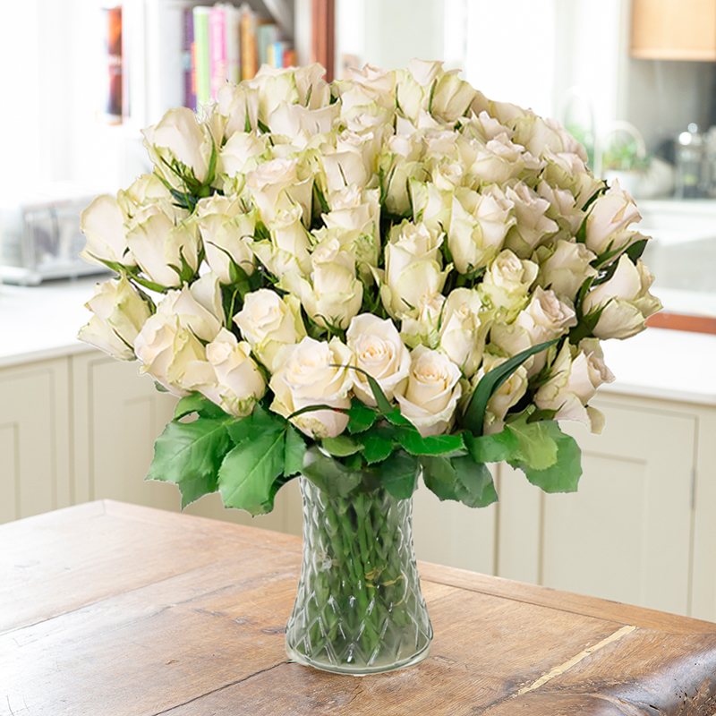 50 White Roses | Roses Bouquet | Fresh White Roses | Hand-Tied Flowers | Next Day Flower Delivery UK | Blossoming Gifts