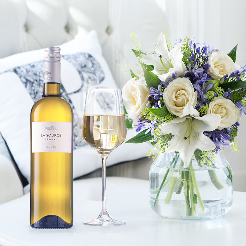 White Oriental Lilies & Agapanthus Bouquet with White Wine | Romantic Gift | Next Day Flowers Delivery - Blossoming Gifts