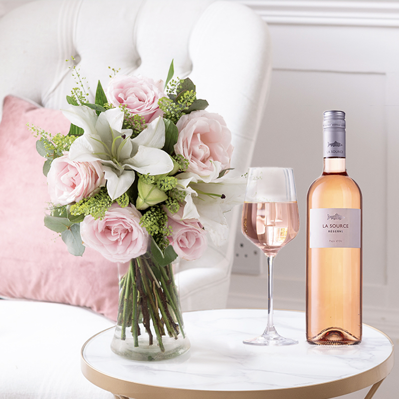 Blush Rose & Lily Bouquet with La Source Rosé Wine | Romantic Gift | Next Day Flowers Delivery - Blossoming Gifts
