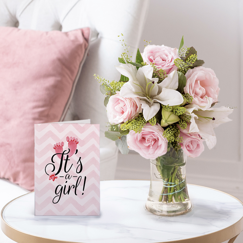 Blush Rose & Lily Bouquet with New Baby Girl Card | Romantic Gift | Next Day Flowers Delivery - Blossoming Gifts
