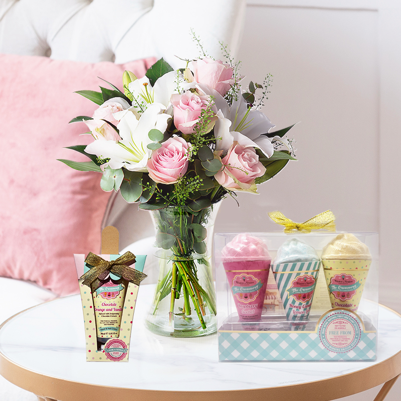 White Lilies & Pink Roses Bouquet & Bath Fizzer Set,Chocolate & Hand Cream | 100% Happiness Gift Set | Next Day Flowers Delivery - Blossoming Gifts
